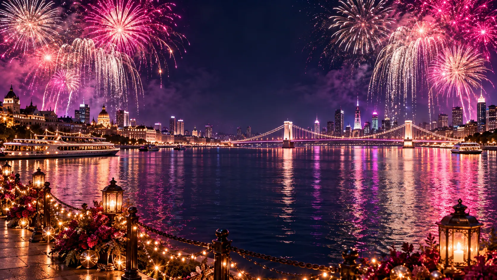 Cascading fireworks over a glowing riverfront