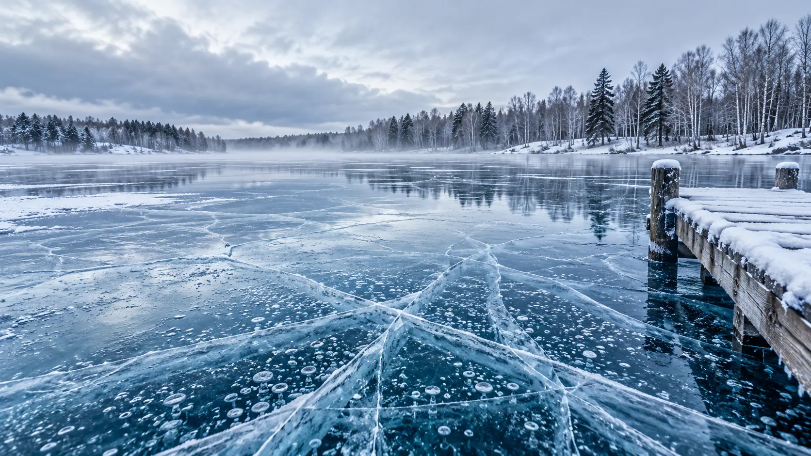 Cracked blue ice and silver birch